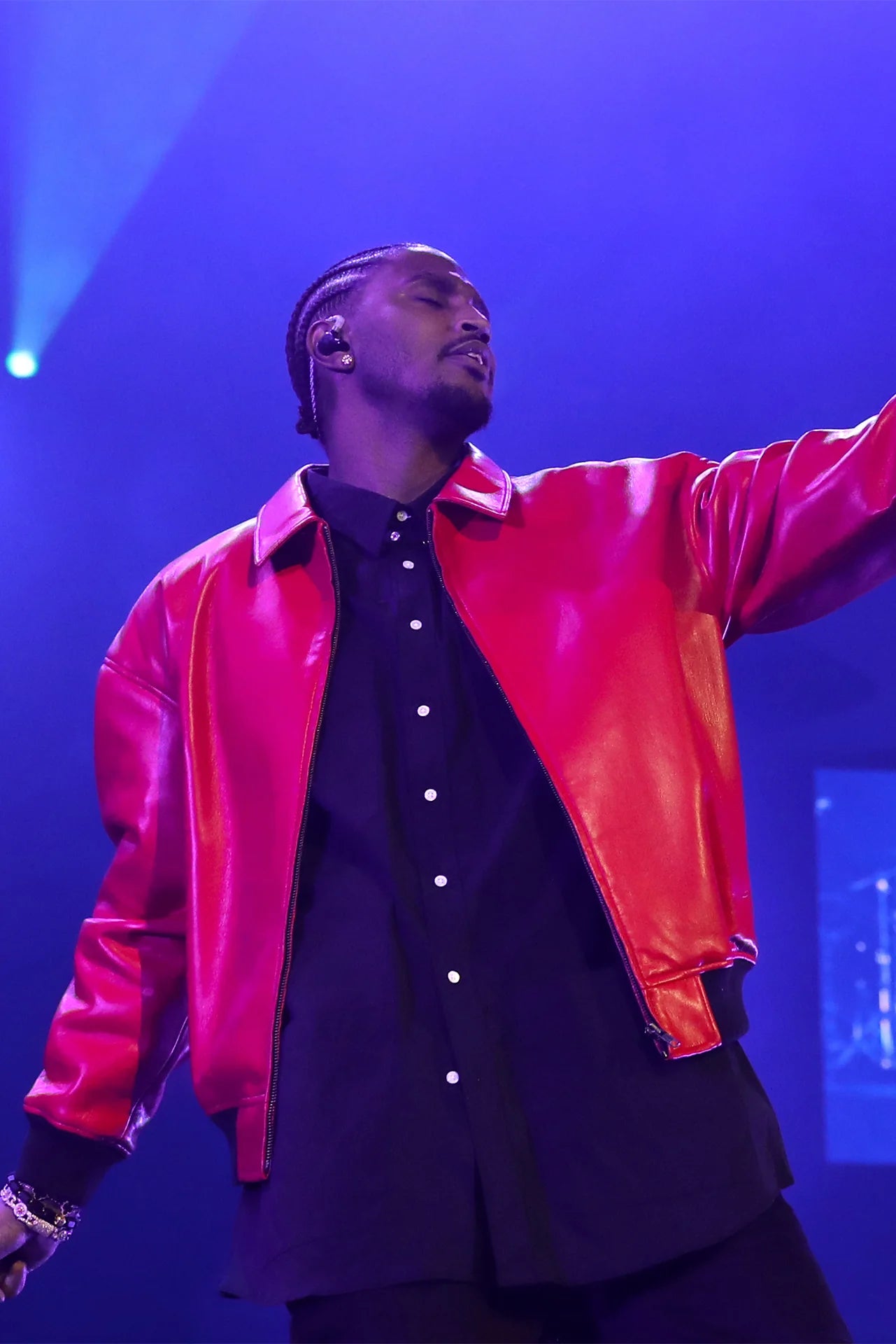 Model wearing size Large of Red Leather jacket
