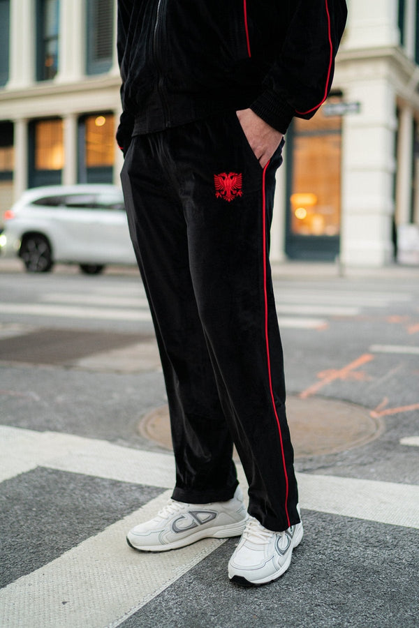 Albanian Velour Track Pants Red Stitch Front View | Hajde Zemer