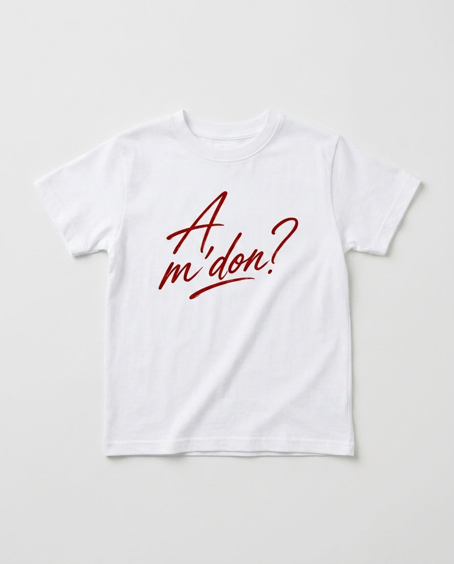 Albanian Graphic Tee — A'mdon? Tee — close-up | Hajde Zemer
