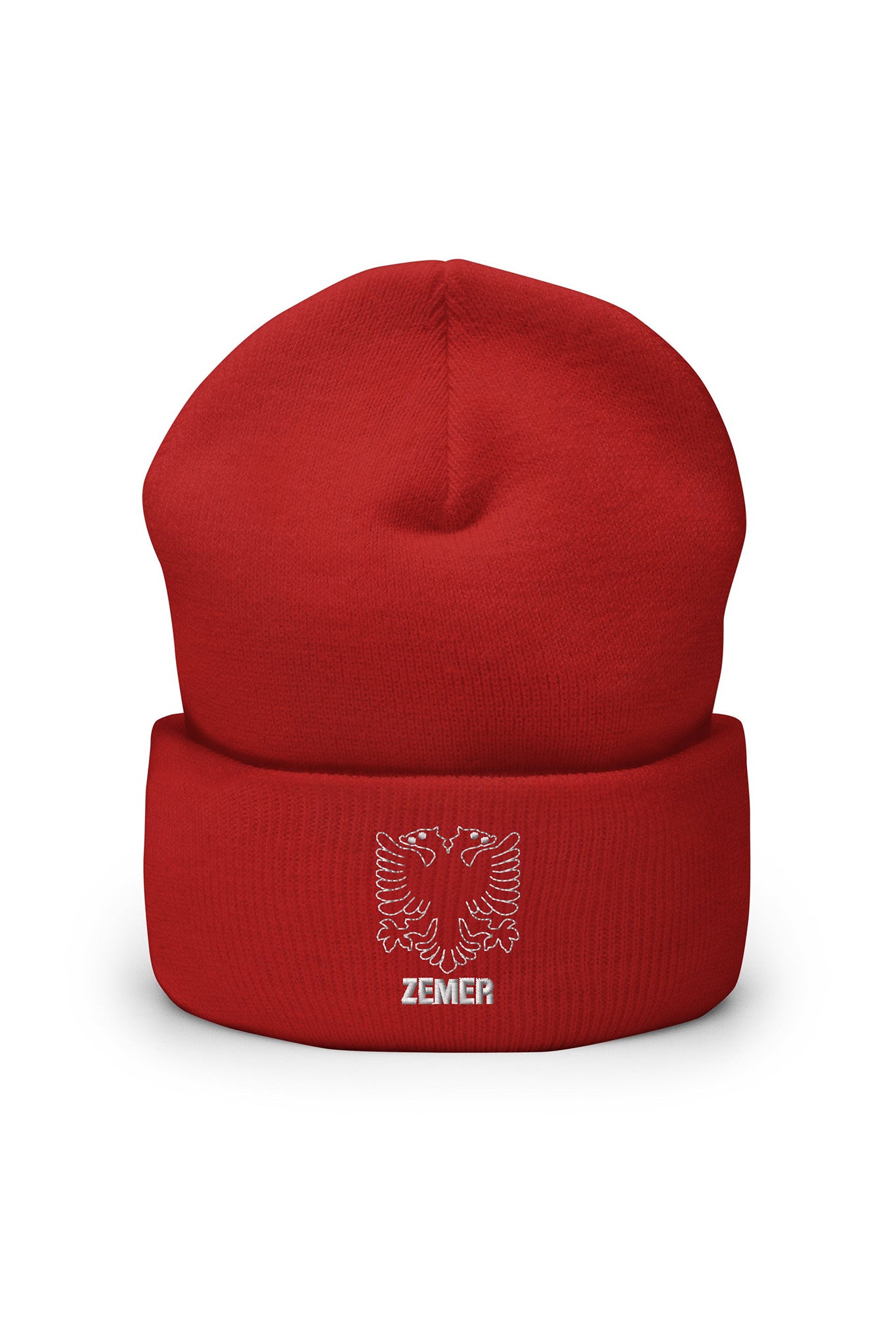 Red cuffed beanie embroidered with the Albanian double-headed eagle and white ‘ZEMER’ text.