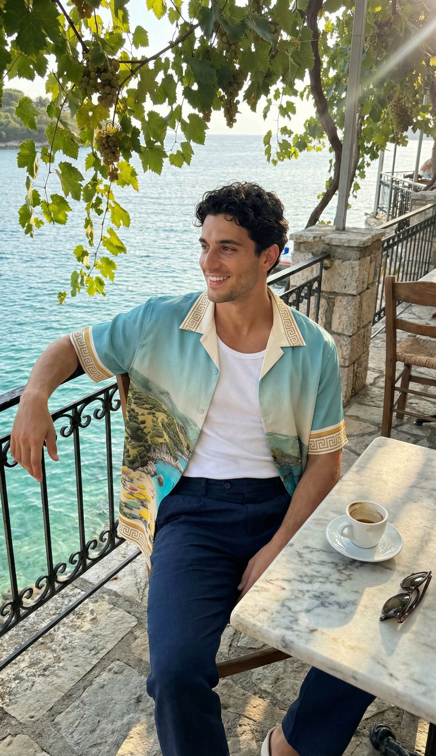 Greenland Shirt styled open over white tee - Ksamil cafe terrace editorial