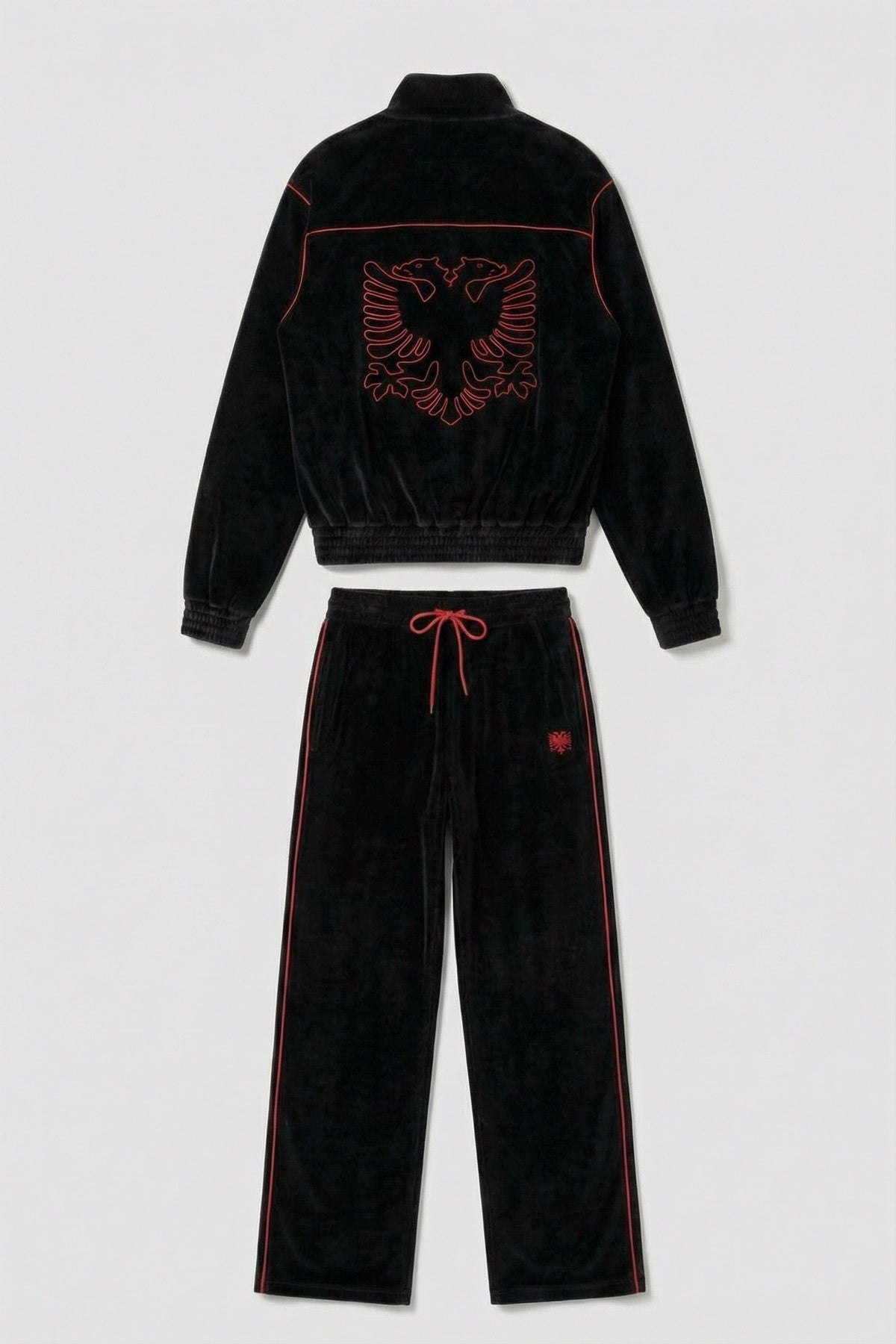Albanian Velour Set — Red Stitch Flat Lay — Jacket and Pants Size Guide