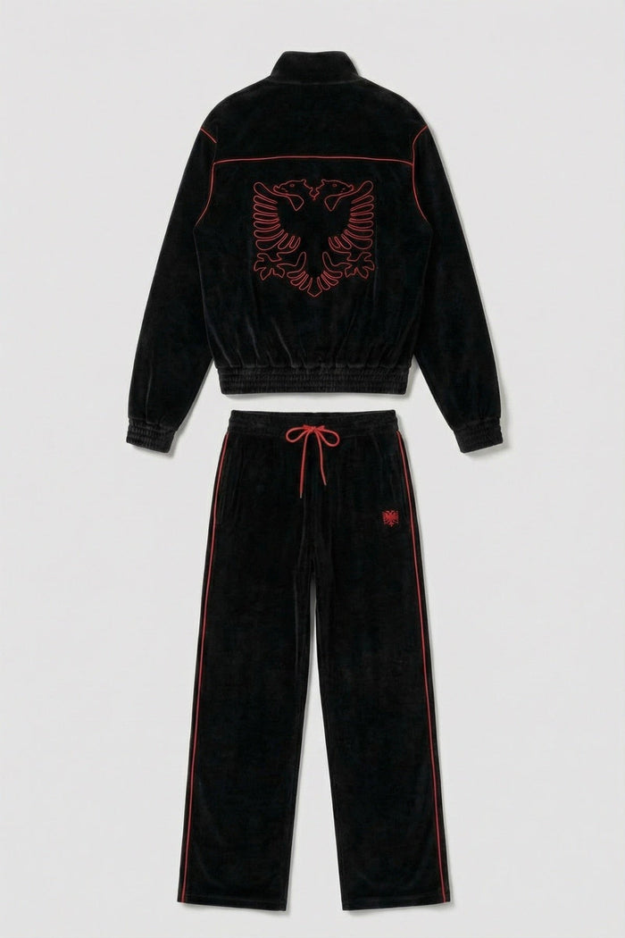 Albanian Velour Set — Red Stitch Flat Lay — Jacket and Pants Size Guide