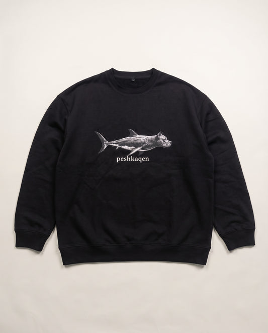 Hajde Zemer Peshkaqen Longsleeve in black — front, white shark-dog graphic with peshkaqen lettering at the chest