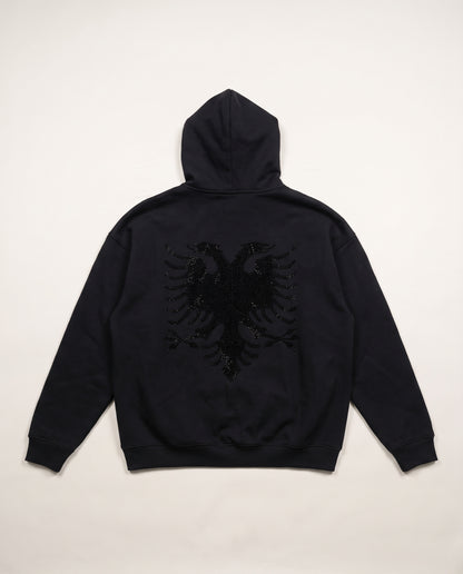 Eagle Rhinestone Hoodie in black, back view — Albanian double-headed eagle in tonal black rhinestones