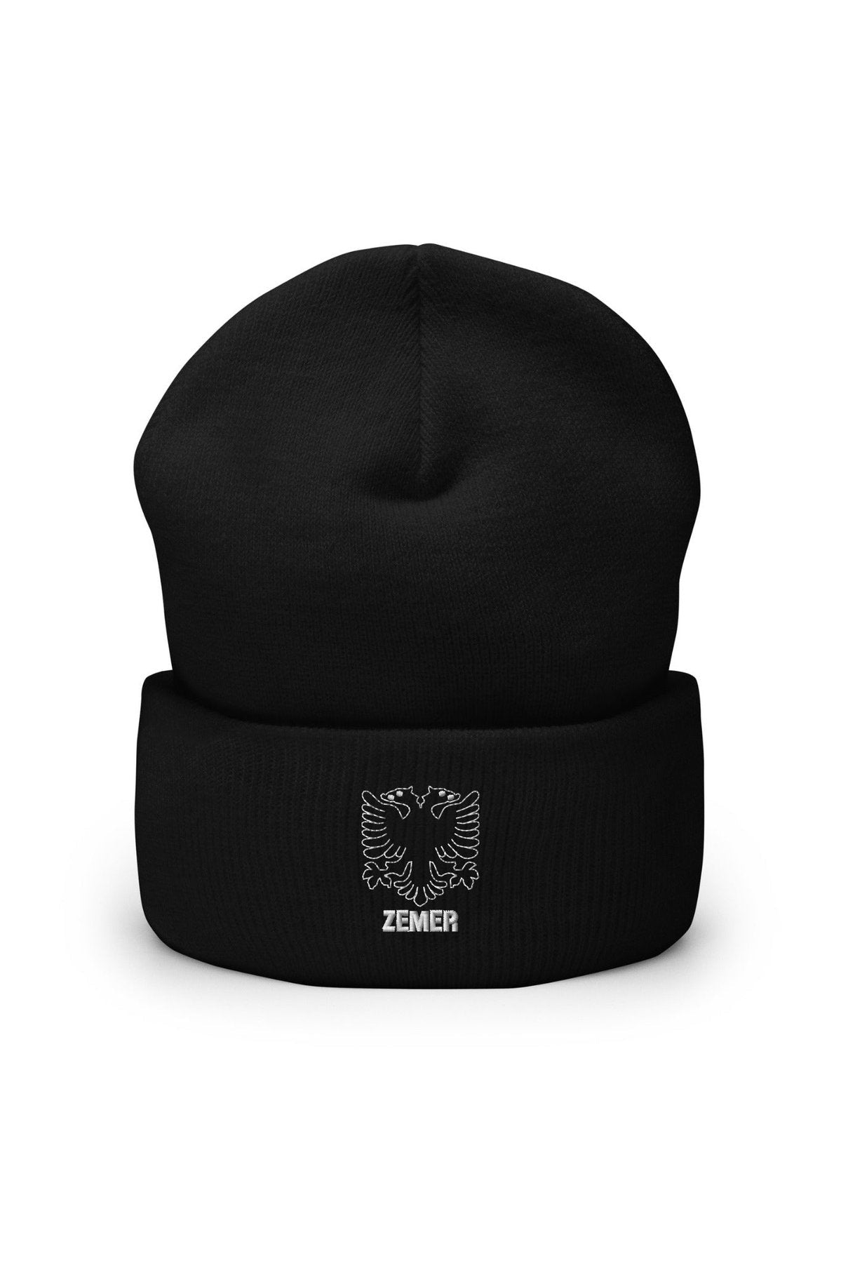 Black cuffed beanie embroidered with the Albanian double-headed eagle and white ‘ZEMER’ text.