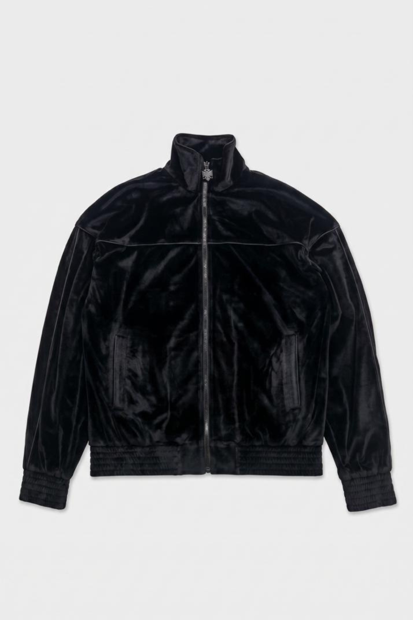 Albanian Velour Set Black Stitch jacket front, black on black velour with tonal eagle, Hajde Zemer