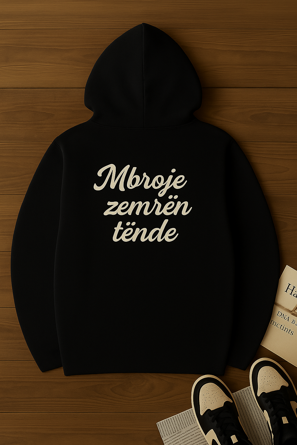 Black hoodie with white text on a wooden surface
