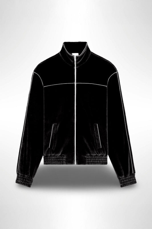 Albanian Velour Tracksuit — Albanian Velour Jacket - White Stitch — on model | Hajde Zemer