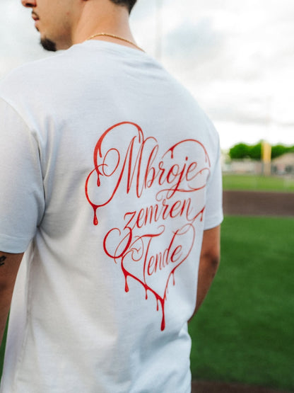 Albanian Graphic Tee — MZT Tee — Mbroje Zemren Tende — close-up | Hajde Zemer