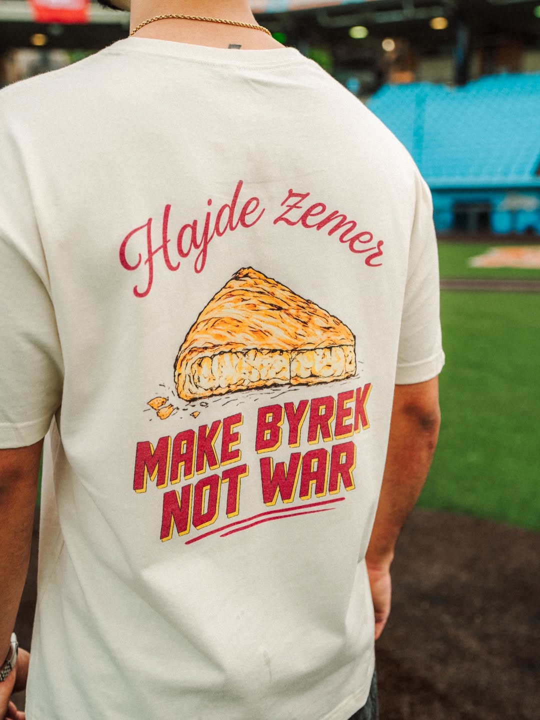 Albanian Graphic Tee — Make Byrek Not War Tee — close-up | Hajde Zemer