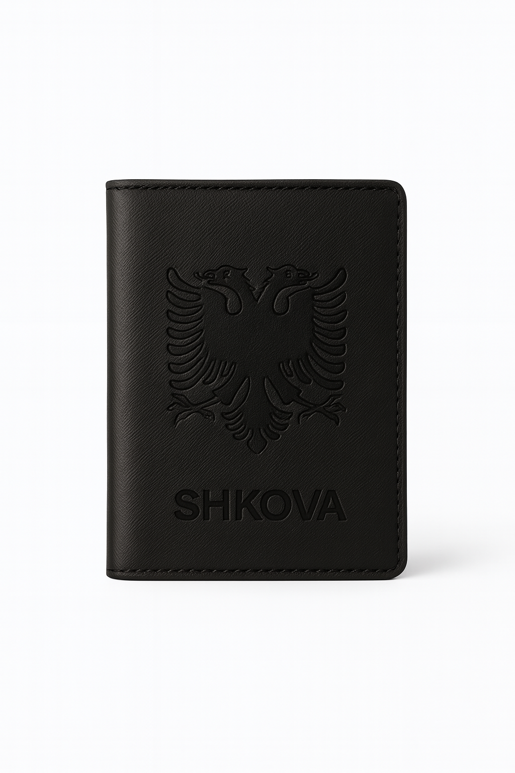 Black leather wallet with embossed design and 'SHKOVA' branding on a white background