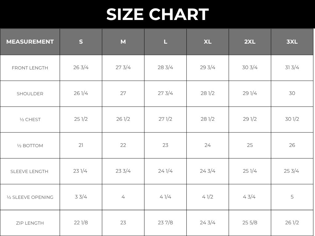 Albanian Eagle Jacket Size Chart — Front length, shoulder, chest, sleeve, and zip measurements in inches for sizes S through 3XL