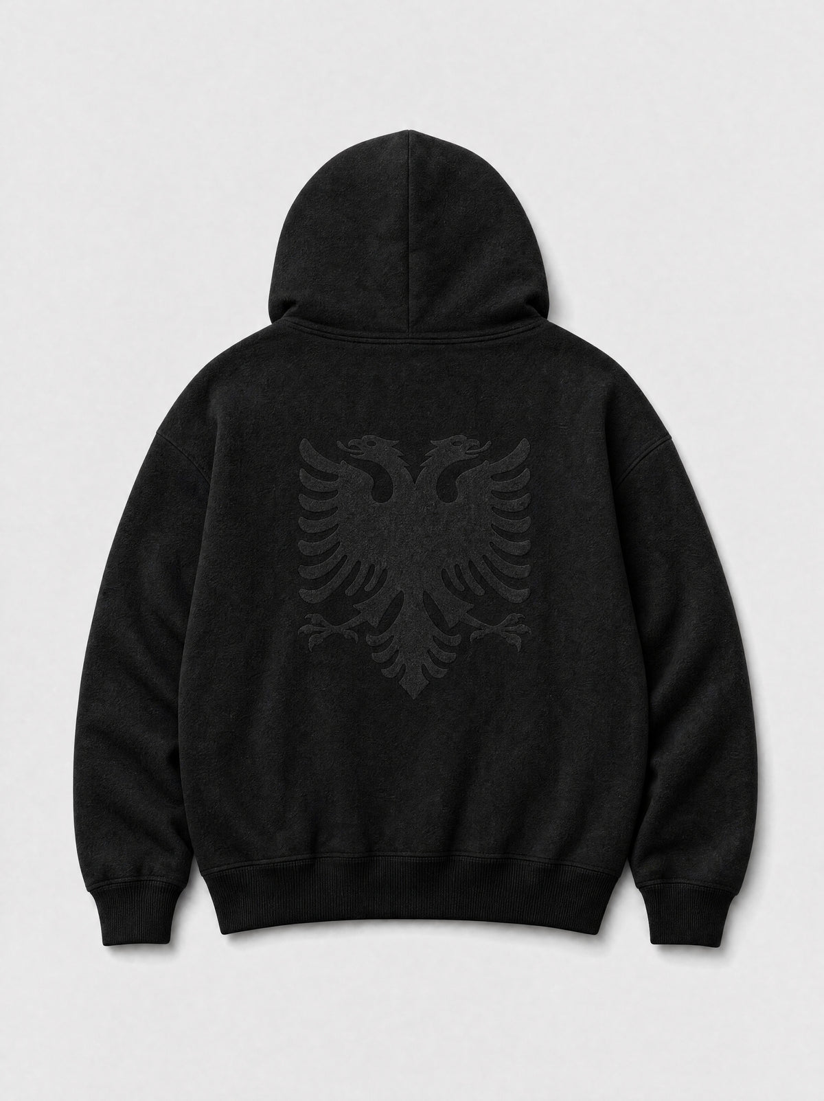 Hajde Zemer HZ Essential Eagle Hoodie in black, back flat lay with tonal black double-headed eagle