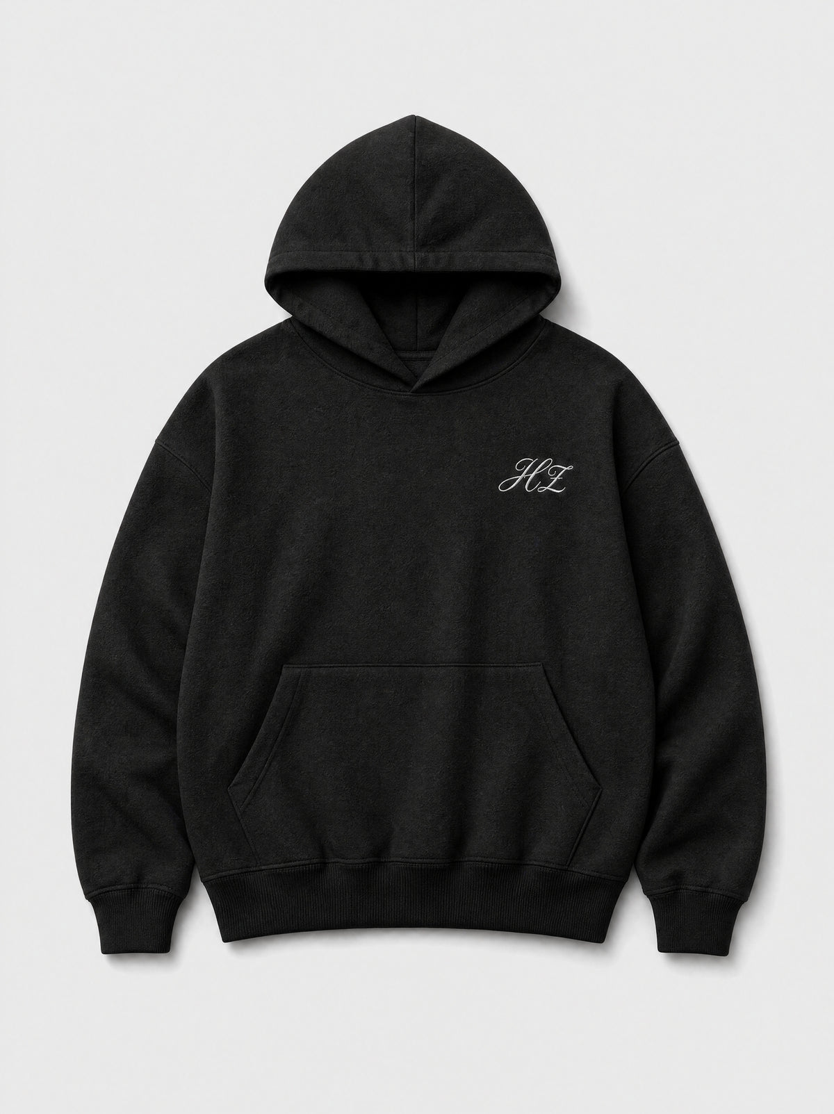 Hajde Zemer HZ Essential Eagle Hoodie in black, front flat lay with white HZ script