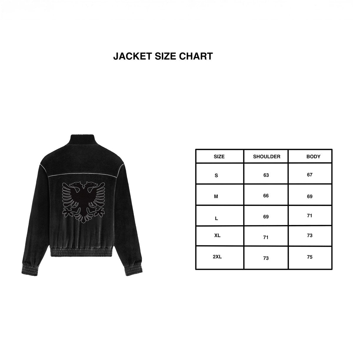 Albanian Velour Jacket size chart — garment measurements in inches