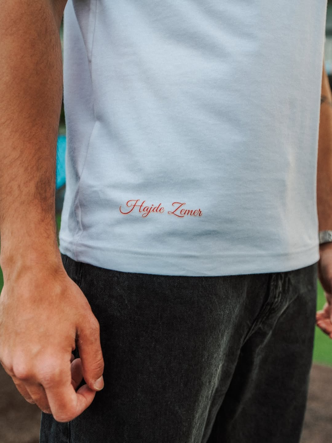Albanian Graphic Tee — MZT Tee — Mbroje Zemren Tende — close-up | Hajde Zemer