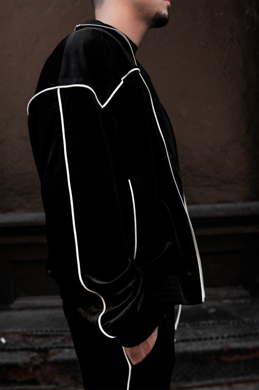 Albanian Velour Tracksuit — Albanian Velour Jacket - White Stitch — lifestyle shot | Hajde Zemer