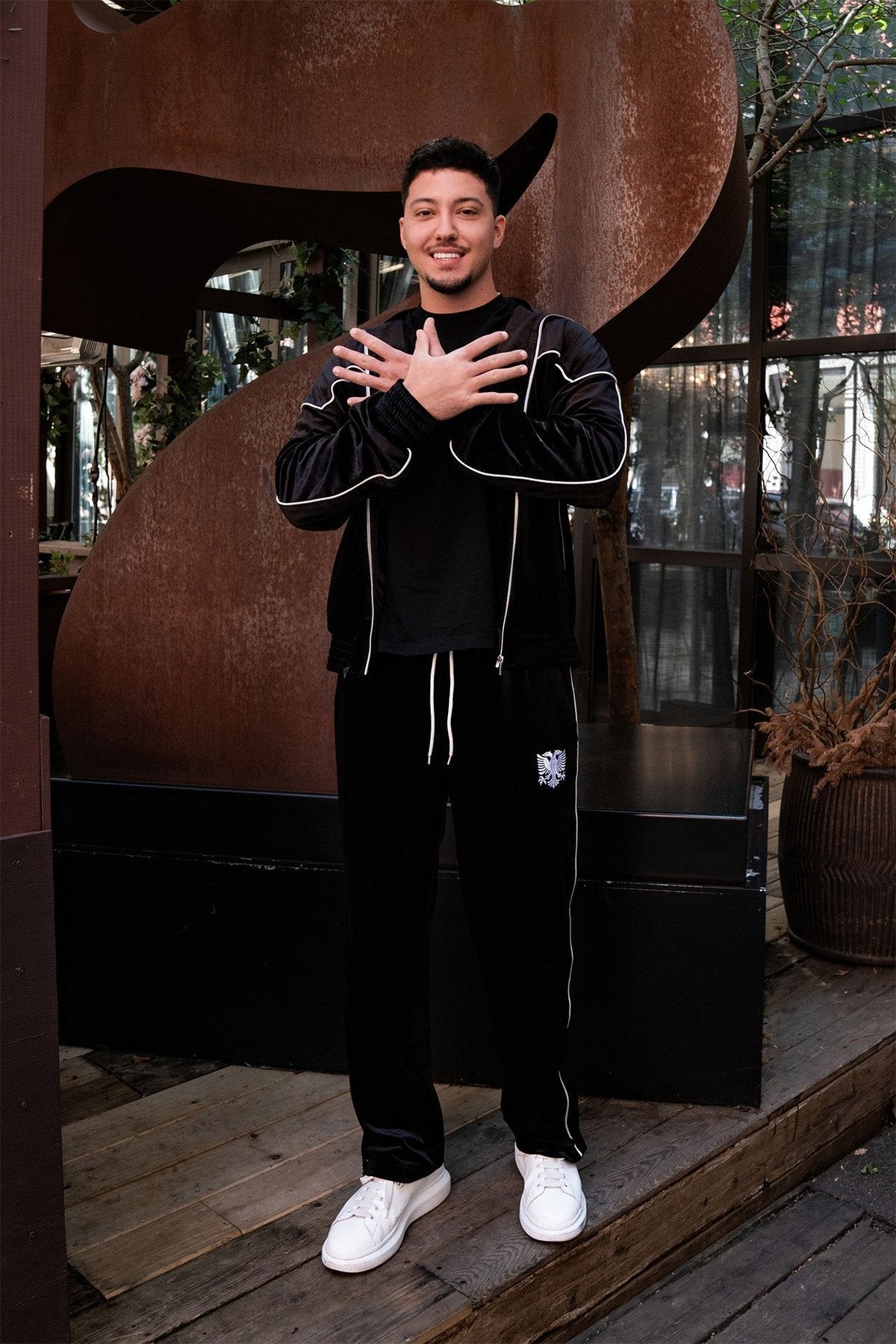 Albanian Velour Tracksuit Set White Stitch Close-Up | Hajde Zemer