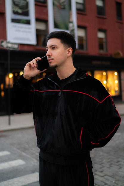 Albanian Velour Tracksuit — Albanian Velour Jacket - Red Stitch — close-up | Hajde Zemer