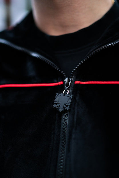 Albanian Velour Tracksuit — Albanian Velour Jacket - Red Stitch — close-up | Hajde Zemer