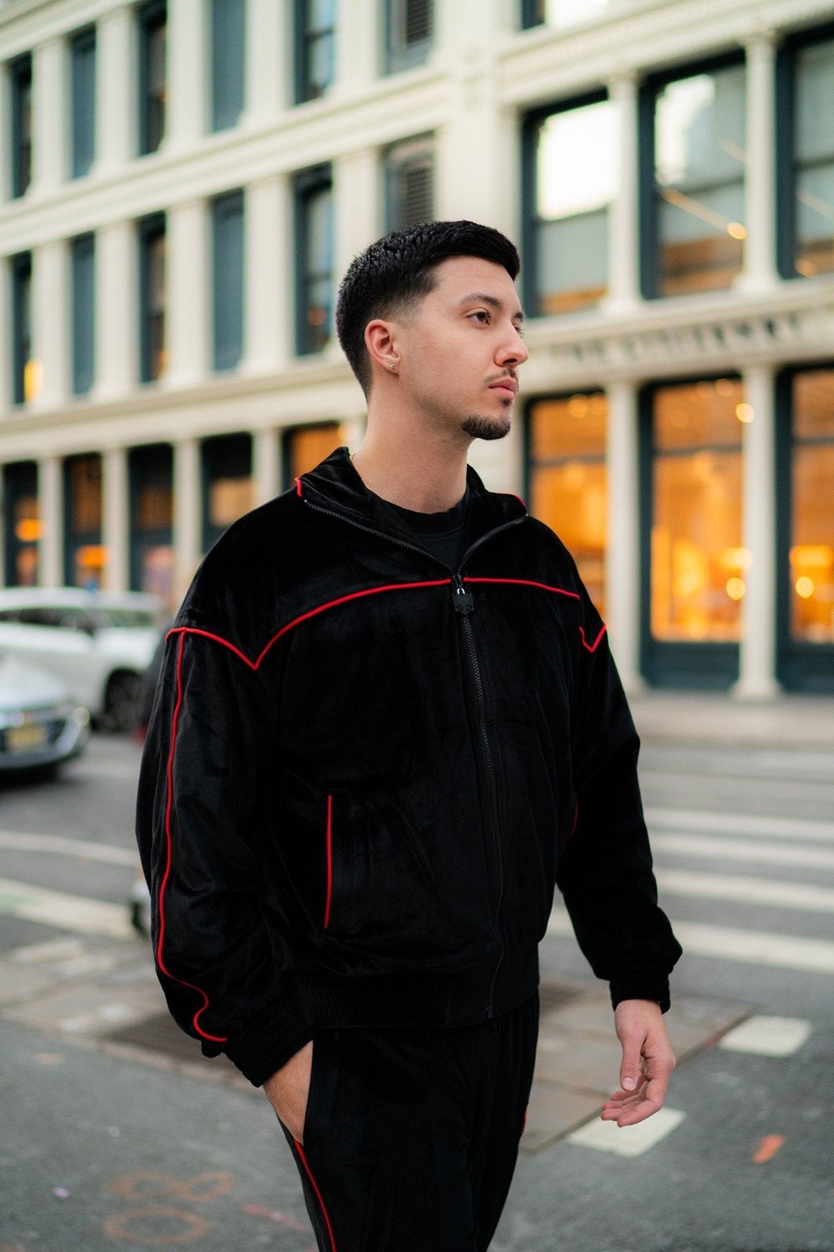Albanian Velour Tracksuit — Albanian Velour Jacket - Red Stitch — lifestyle shot | Hajde Zemer