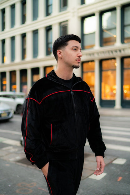 Albanian Velour Tracksuit — Albanian Velour Jacket - Red Stitch — lifestyle shot | Hajde Zemer