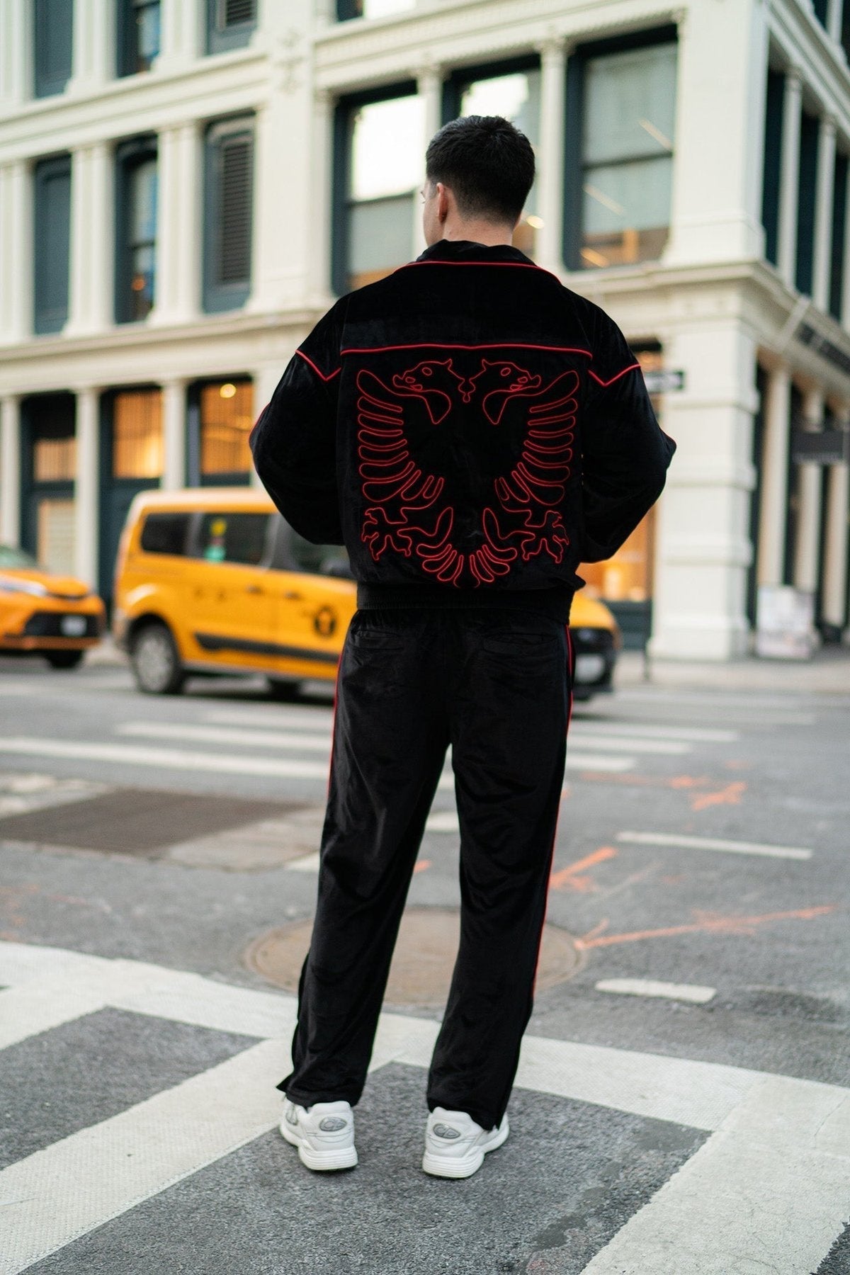 Albanian Velour Tracksuit — Albanian Velour Jacket - Red Stitch — detail view | Hajde Zemer