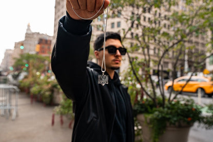 Albanian Eagle Pendant Necklace - Double-Headed Eagle Worn View | Hajde Zemer