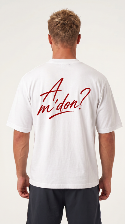 Albanian Graphic Tee — A'mdon? Tee — close-up | Hajde Zemer