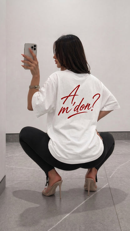 Albanian Graphic Tee — A'mdon? Tee — close-up | Hajde Zemer