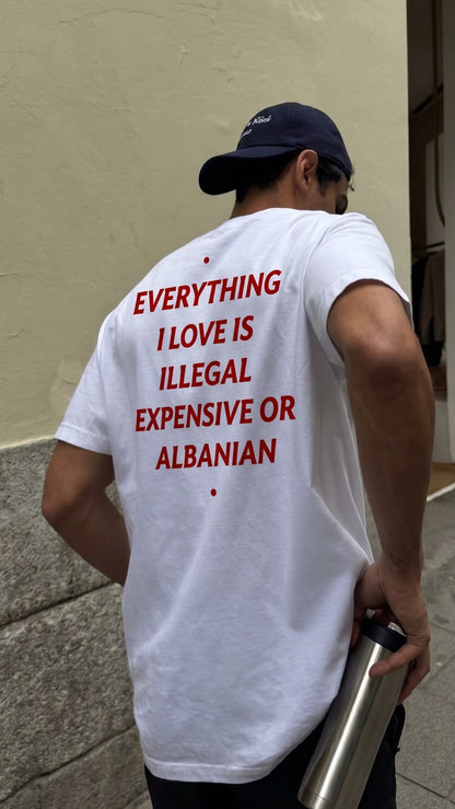 Albanian Graphic Tee — Expensive or Albanian Tee — on model | Hajde Zemer