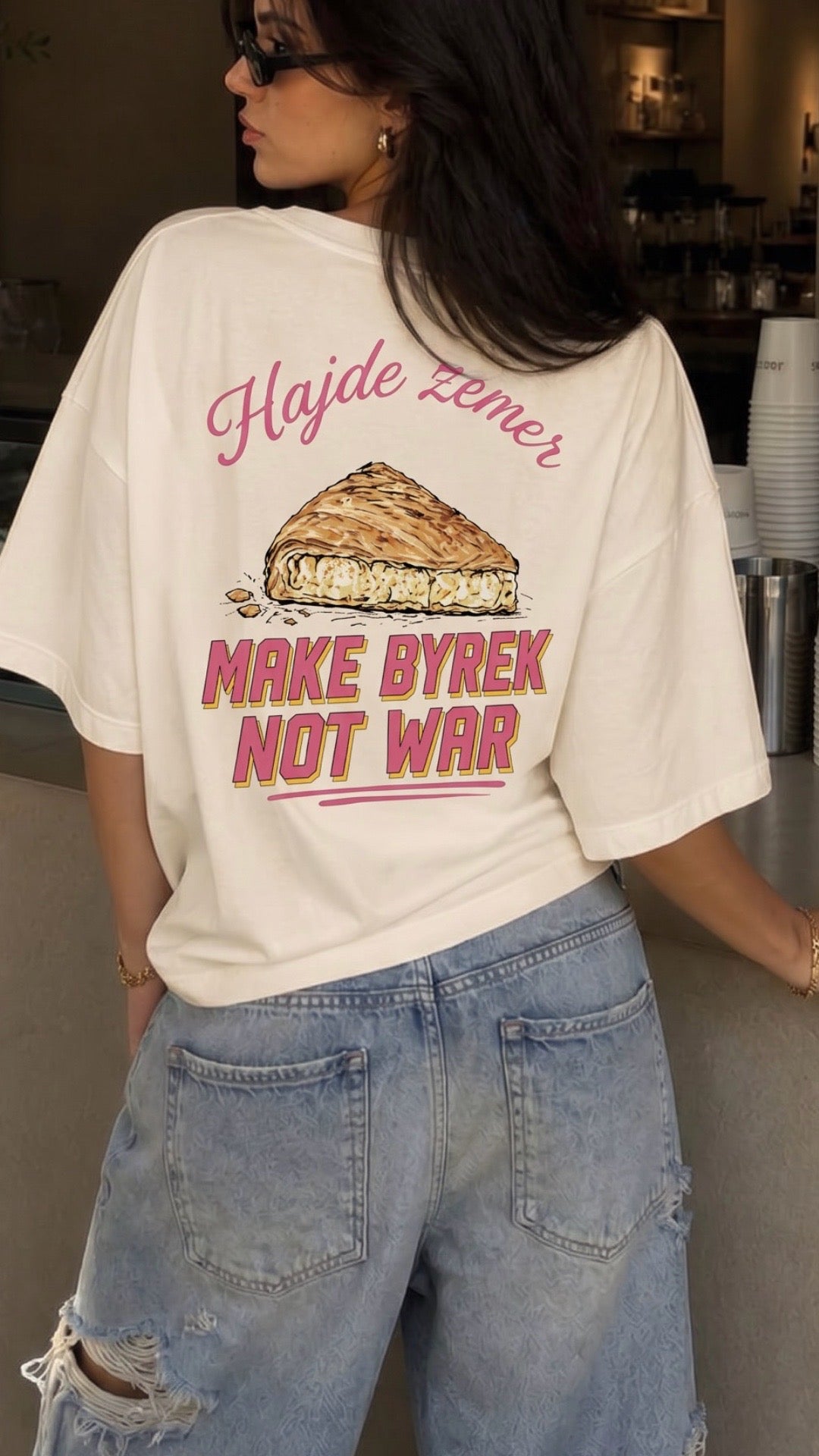 Albanian Graphic Tee — Make Byrek Not War Tee — close-up | Hajde Zemer