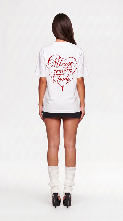 Albanian Graphic Tee — MZT Tee — Mbroje Zemren Tende — on model | Hajde Zemer