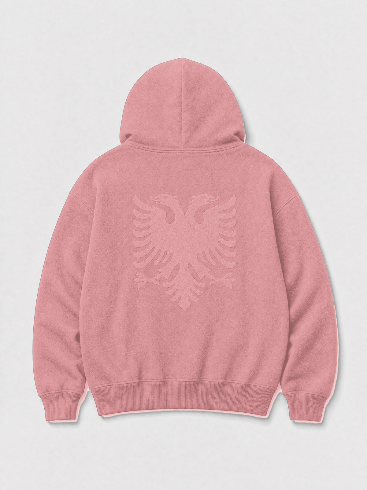 Design preview: Hajde Zemer HZ Essential Eagle Hoodie in dusty rose pink, back flat lay with the double-headed Albanian eagle worked tonal across the shoulders