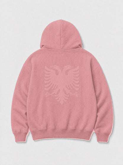 Design preview: Hajde Zemer HZ Essential Eagle Hoodie in dusty rose pink, back flat lay with the double-headed Albanian eagle worked tonal across the shoulders