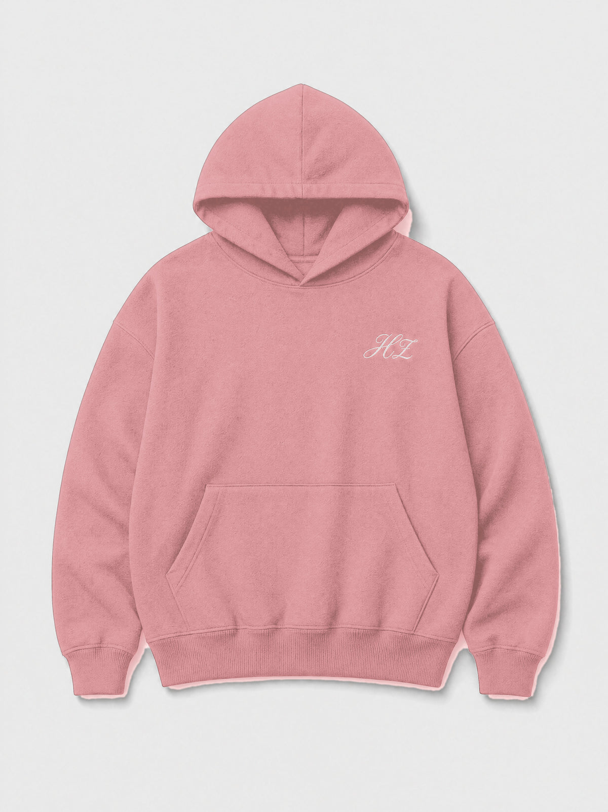 Design preview: Hajde Zemer HZ Essential Eagle Hoodie in dusty rose pink, front flat lay with the white HZ script at the chest