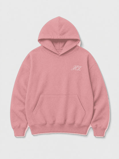 Design preview: Hajde Zemer HZ Essential Eagle Hoodie in dusty rose pink, front flat lay with the white HZ script at the chest