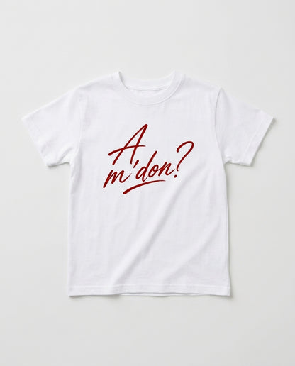 Albanian Graphic Tee — A'mdon? Tee — close-up | Hajde Zemer