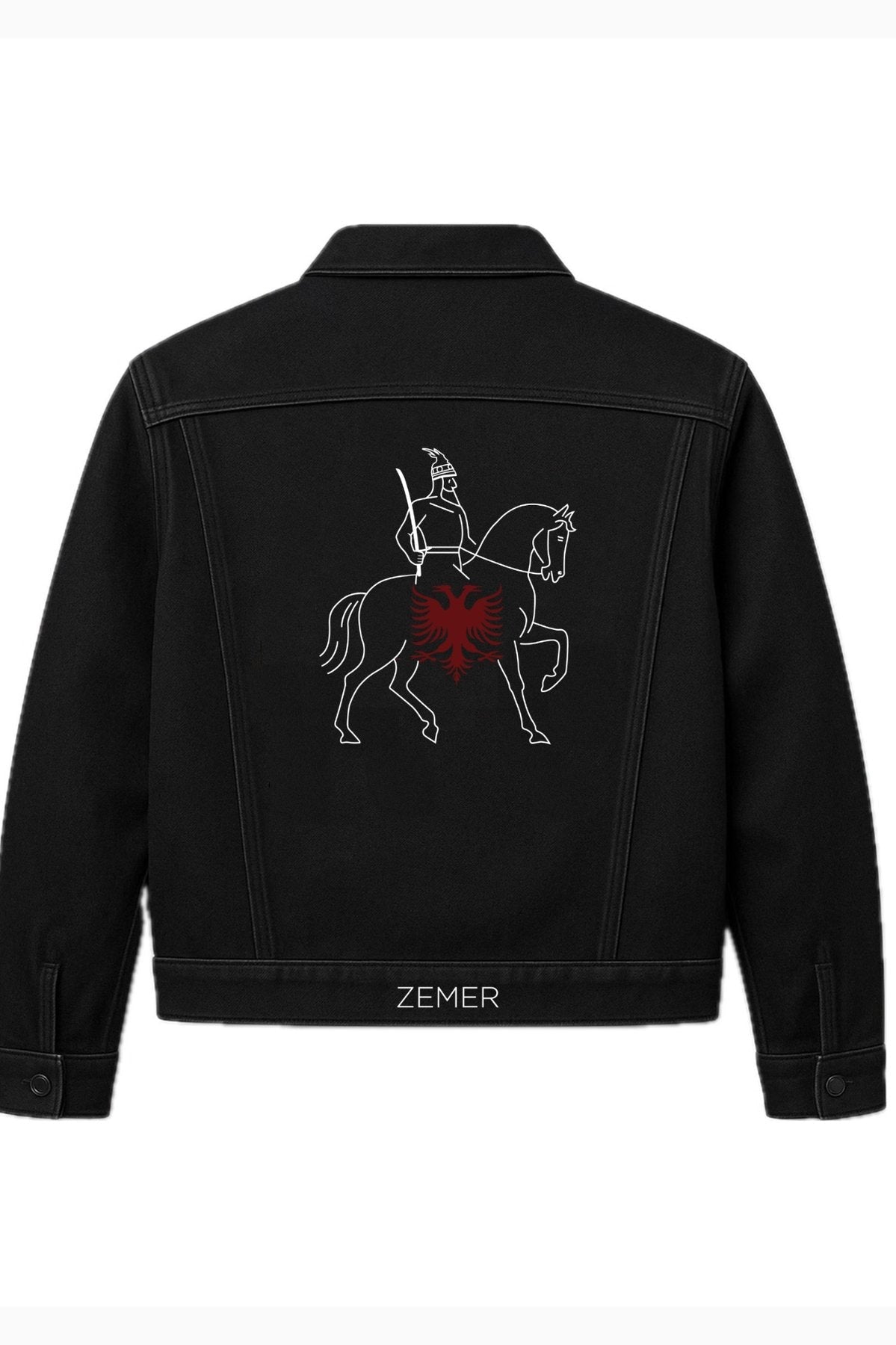 Black denim jacket with embroidered design on the back, brand 'Zemer' visible.