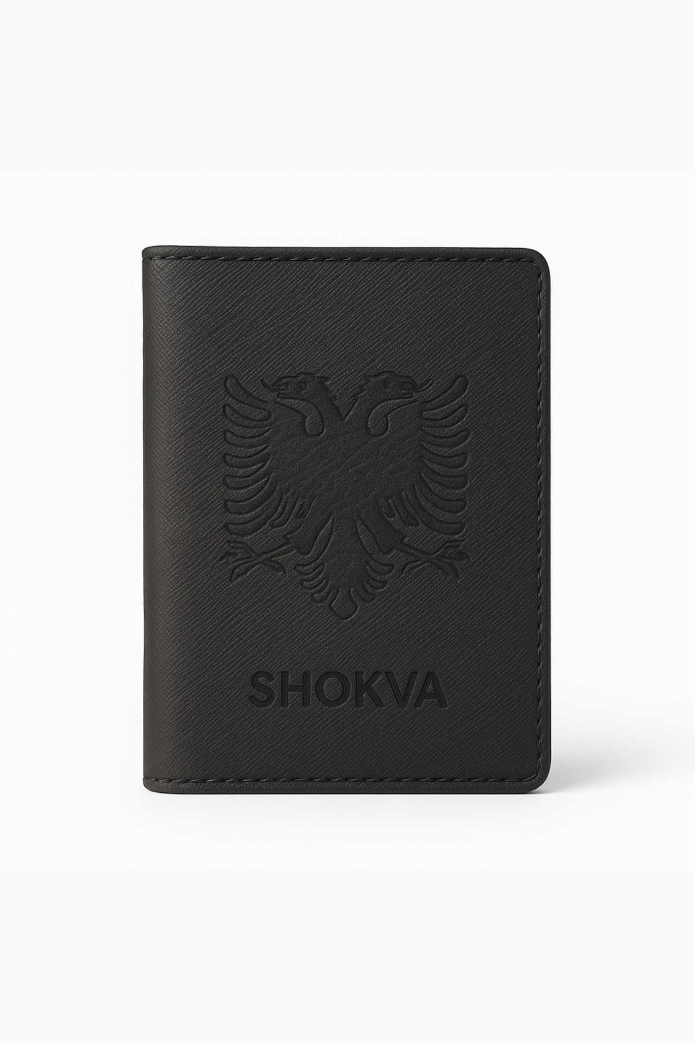 Black leather wallet with embossed logo and 'SHOKVA' branding on a white background