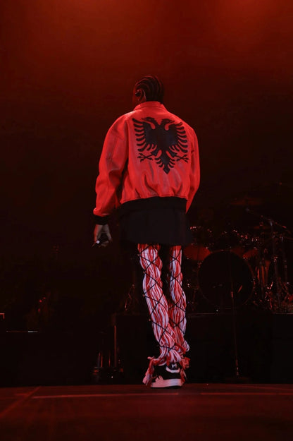 Albanian Red Eagle Jacket — model in red eagle bomber jacket, dark background