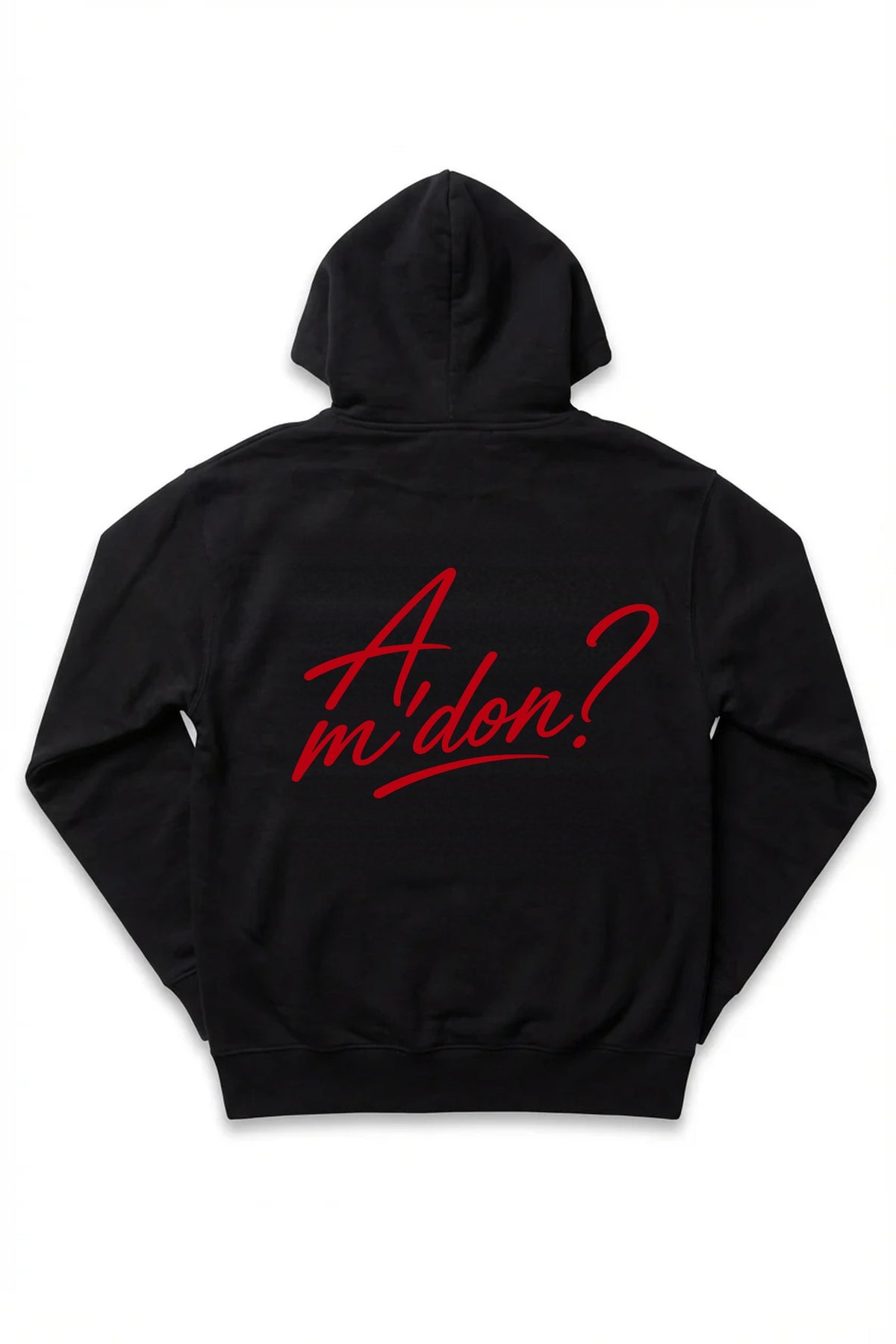 A'mdon? Hoodie in black, upper back view, red script print