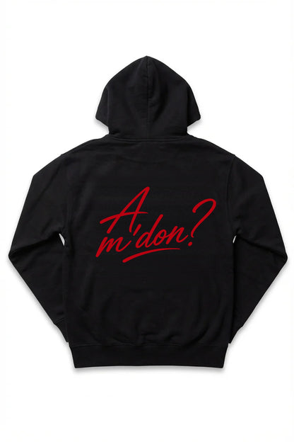 A'mdon? Hoodie in black, upper back view, red script print