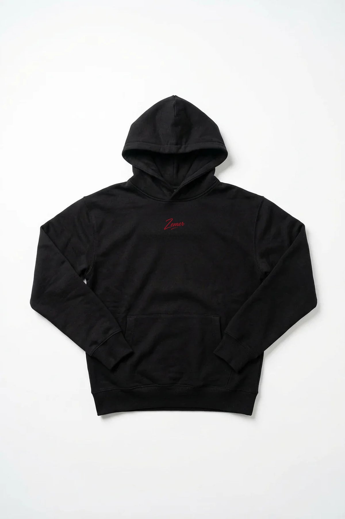 A'mdon? Hoodie in black, front view, red Zemer script chest print