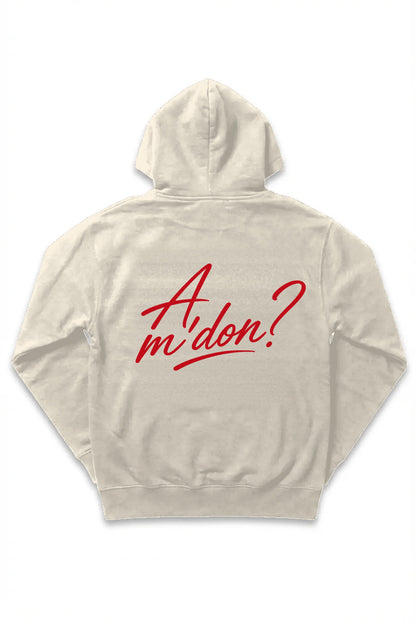 A'mdon? Hoodie in cream, upper back view, red script print