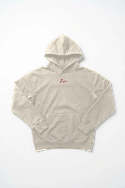 A'mdon? Hoodie in cream, front view, red Zemer script chest print