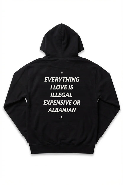 Expensive or Albanian Hoodie in black, back view, full statement print