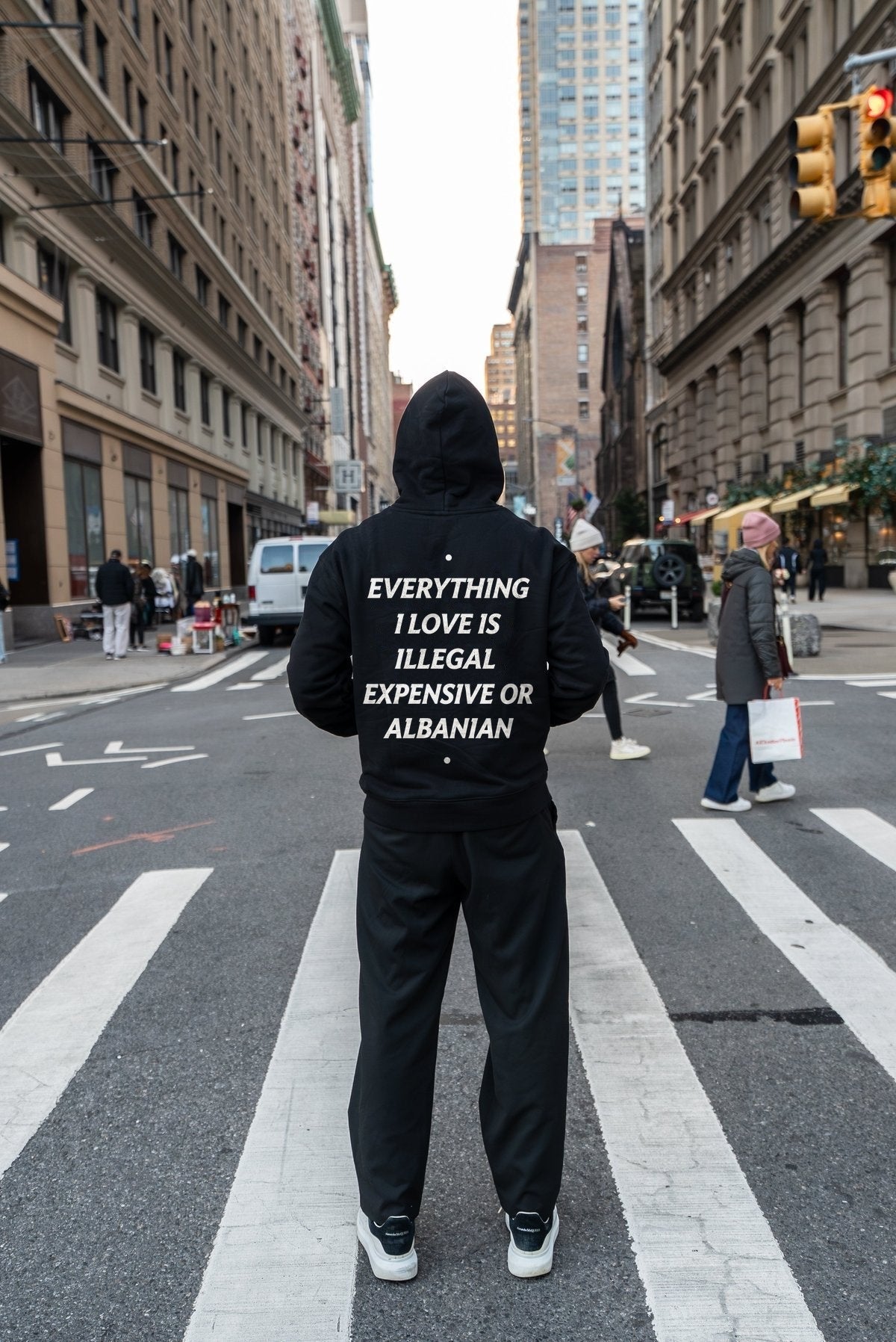 Expensive or Albanian Hoodie worn on a New York City crosswalk, back view
