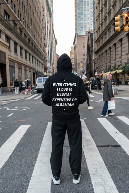 Expensive or Albanian Hoodie worn on a New York City crosswalk, back view